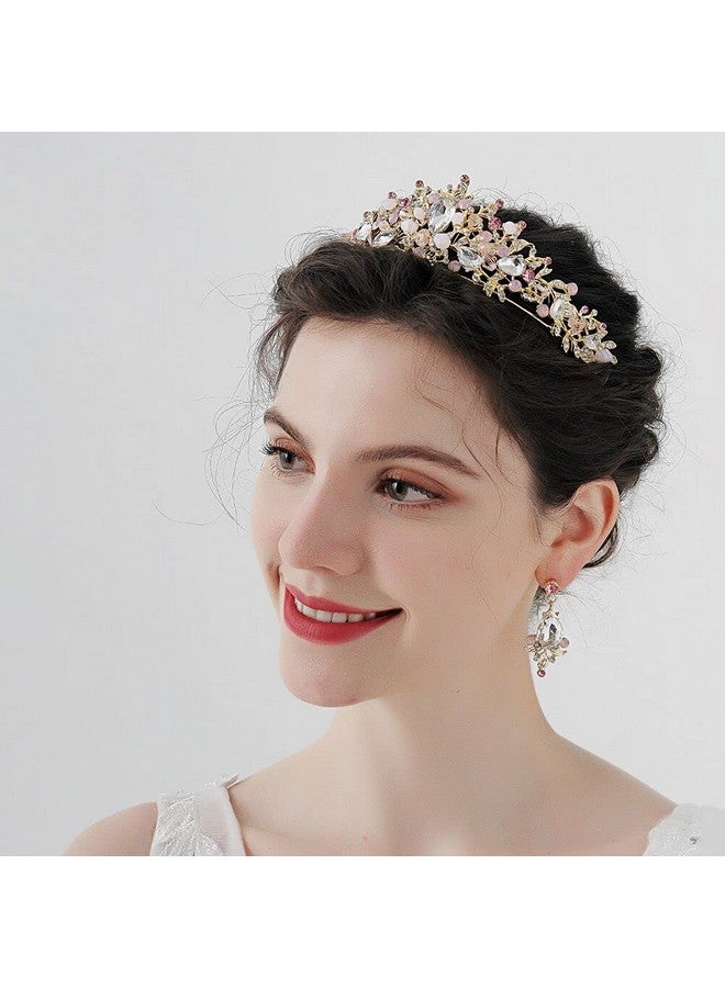 HapiBuy Queen Tiaras Flower Wedding Crowns With Earrings Baroque Princess Pink Rhinestone Headpiece For Women Bridal Hair Accessories For Party - Image 2