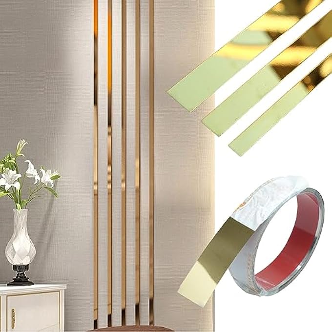 16FT/5M GOLD METALIZED WALL TRIM MOLDING PEEL & STICK, STAINLESS STEEL SELF ADHESIVE GOLD MIRROR TRIM FOR WALL, CEILING, CABINET, DOOR FRAME MOULDING (4CM, GOLD) - Image 1