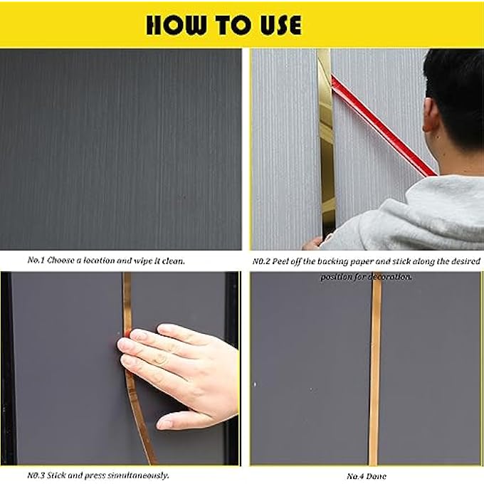 16FT/5M GOLD METALIZED WALL TRIM MOLDING PEEL & STICK, STAINLESS STEEL SELF ADHESIVE GOLD MIRROR TRIM FOR WALL, CEILING, CABINET, DOOR FRAME MOULDING (4CM, GOLD) - Image 3