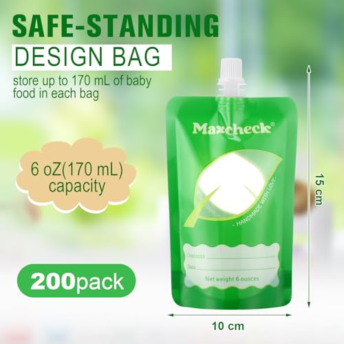 Maxcheck 200 Pack Disposable Baby Food Pouches 6oz Baby Food Storage Containers Plastic Fresh Squeezed Pouches for Kids Toddler Freezer Safe Pouch Holder for Applesauce, Purees and Yogurts - Image 2