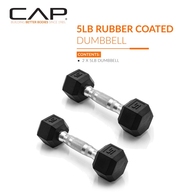 CAP 5 LB Rubber Coated Hex Dumbbell Hand Weight - Pair | Chrome Handle - Image 2