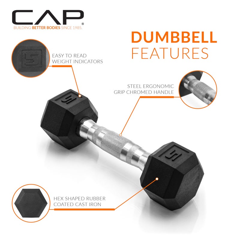 CAP 5 LB Rubber Coated Hex Dumbbell Hand Weight - Pair | Chrome Handle - Image 3