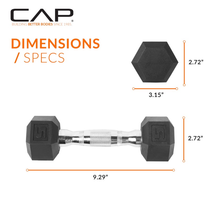 CAP 5 LB Rubber Coated Hex Dumbbell Hand Weight - Pair | Chrome Handle - Image 4