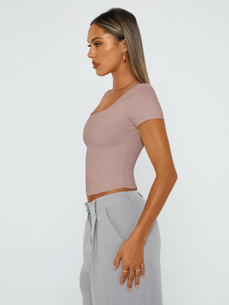 Trendy Queen Double Lined Short Sleeve Tshirts for Women Square Neck Cute Crop Top Spring Summer Basic Tees Workout Going Out Coffee Grey M - Image 4