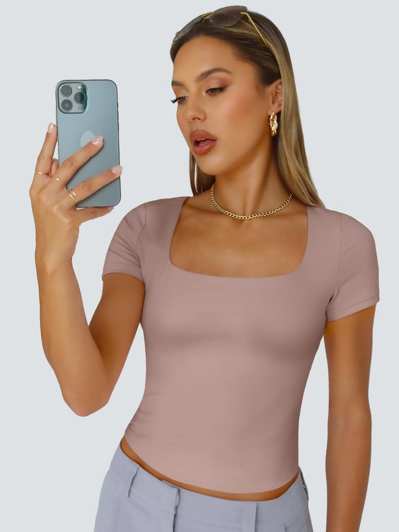 Trendy Queen Double Lined Short Sleeve Tshirts for Women Square Neck Cute Crop Top Spring Summer Basic Tees Workout Going Out Coffee Grey M - Image 2
