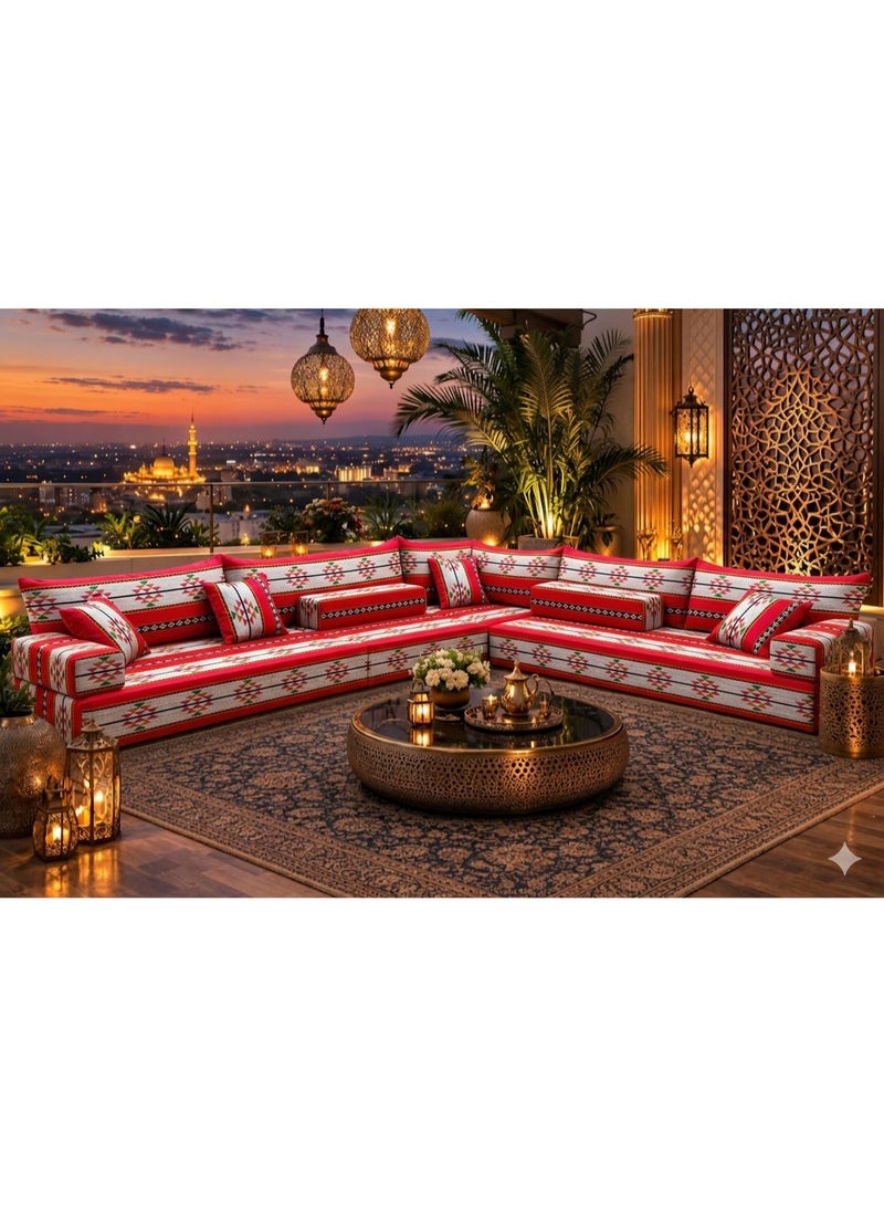 Xboat Traditional Arabic Majlis Floor Sofa Set, Red and Beige Geometric Pattern, L-Shaped Corner Sectional with Cushions - Image 2