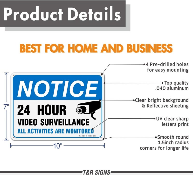 TR Video Surveillance Sign, All Activities Are Monitored - 2 Pack - 7 x 10 Inches Rust Free .040 Aluminum Reflective - UV Protected, Waterproof, Weatherproof and Fade Resistant - 4 Pre-drilled Holes - Image 2