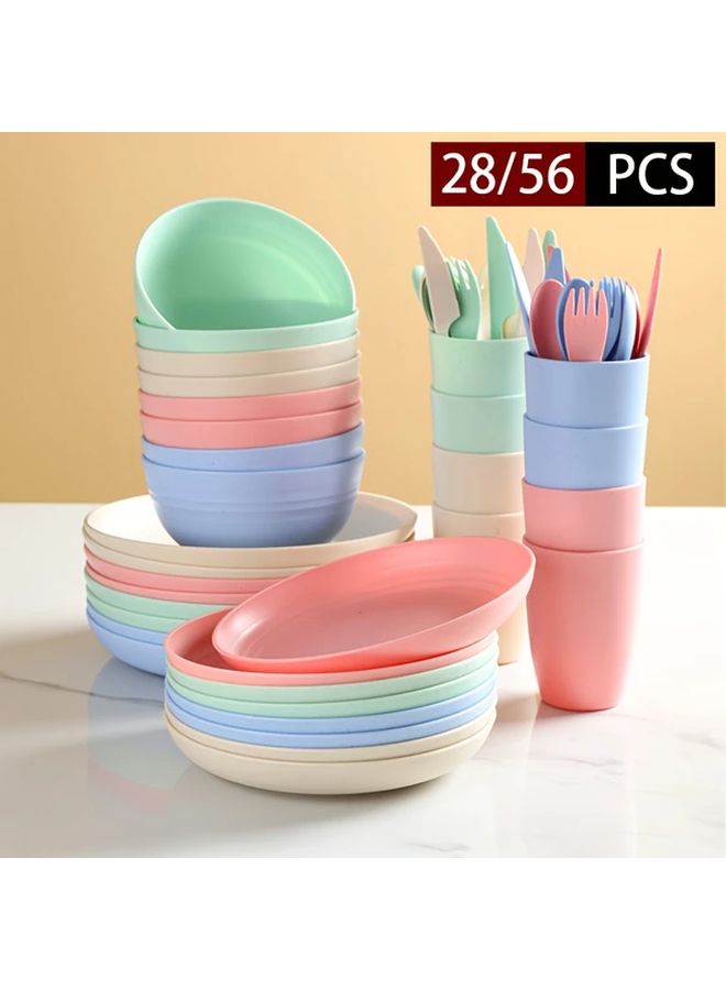 28pcs Reusable PP Tableware Set Microwave Dishwasher Safe Four Color Mix Plates Bowls Cups Cutlery - Image 1