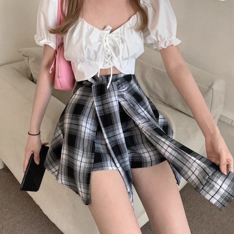 Trendy 2025 Black Design Faux Two-Piece New Irregular Summer Pants Skirt For Women Girl Plaid A-Line Short Skirt - Image 4