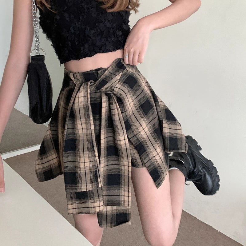 Trendy 2025 Black Design Faux Two-Piece New Irregular Summer Pants Skirt For Women Girl Plaid A-Line Short Skirt - Image 3