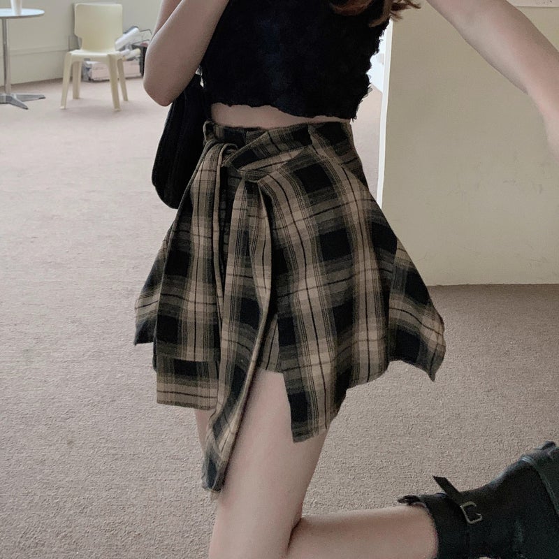Trendy 2025 Black Design Faux Two-Piece New Irregular Summer Pants Skirt For Women Girl Plaid A-Line Short Skirt - Image 2