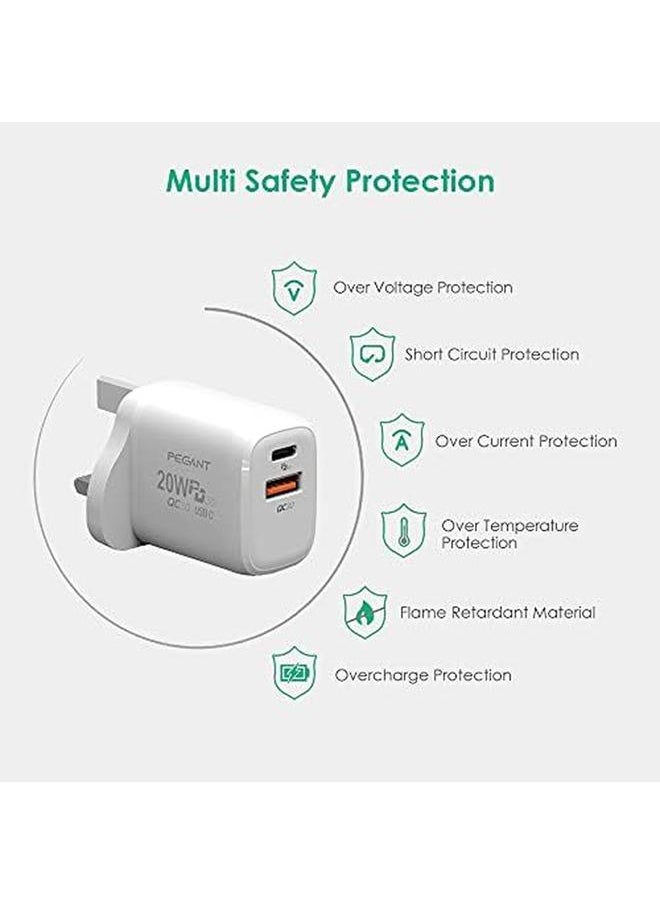 PEGANT - 20W Usb C Pd Fast Charger Dual Port Type C Qc3.0 Wall Adapter Uk Plug Compatible With Iphone 15 14 13 12 11 Galaxy Pixel Ipad Airpods - Image 1