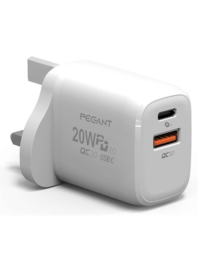 PEGANT - 20W Usb C Pd Fast Charger Dual Port Type C Qc3.0 Wall Adapter Uk Plug Compatible With Iphone 15 14 13 12 11 Galaxy Pixel Ipad Airpods - Image 1
