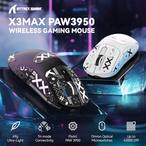 MAMBASNAKE Attack Shark X3MAX Wireless Gaming Mouse,PixArt PAW3950 42000 DPI,49g Ultralight Tri-Mode(BT5.4/2.4GHz/Wired), 1K Polling Rate Programmable Computer Mice for PC/MAC/Win - Black&Tape - Image 2