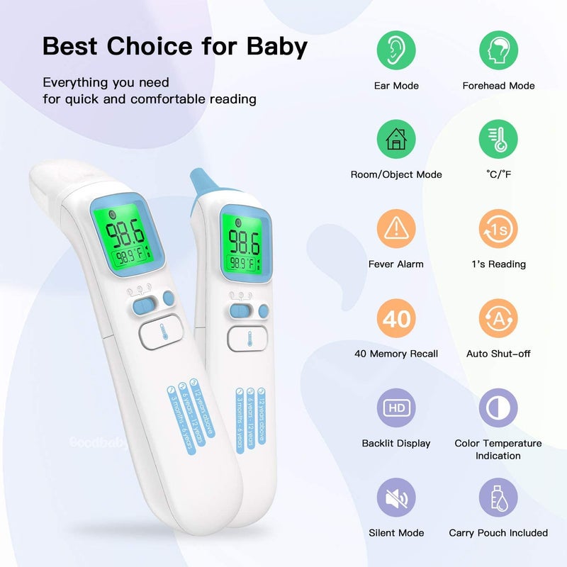 Goodbaby ترمومتر جيد بيبي بدون لمس للبالغين شاشة LCD للجبين والأذن ترمومتر لقياس الحمى ترمومتر مغناطيسي بالأشعة تحت الحمراء للأطفال والأطفال السطح والغرفة - Image 2