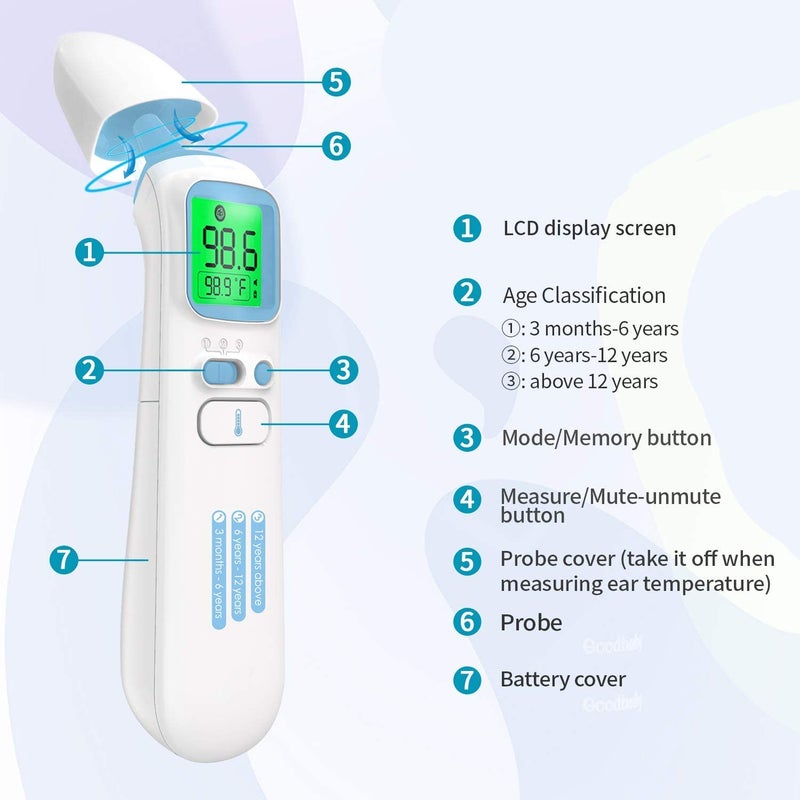 Goodbaby ترمومتر جيد بيبي بدون لمس للبالغين شاشة LCD للجبين والأذن ترمومتر لقياس الحمى ترمومتر مغناطيسي بالأشعة تحت الحمراء للأطفال والأطفال السطح والغرفة - Image 3