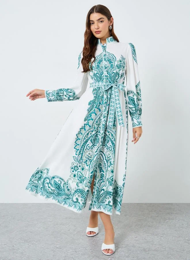 Take Two Floral Printed Stand Collar Belted Maxi Dress