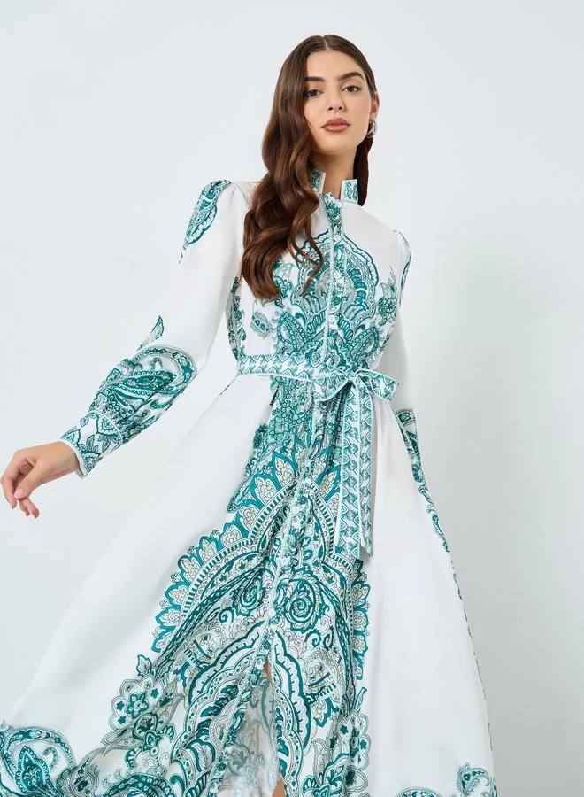 Take Two Floral Printed Stand Collar Belted Maxi Dress