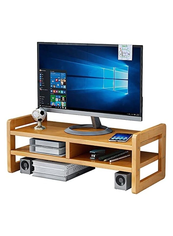 Green Tiger Monitor Stand Riser 2 Tier Computer Monitor Stand Bamboo Desktop Stand with Storage Organizer PC Laptop TV Printer Monitor Stand Adjustable Height for Office and Home Use 51x17x15cm - Image 1