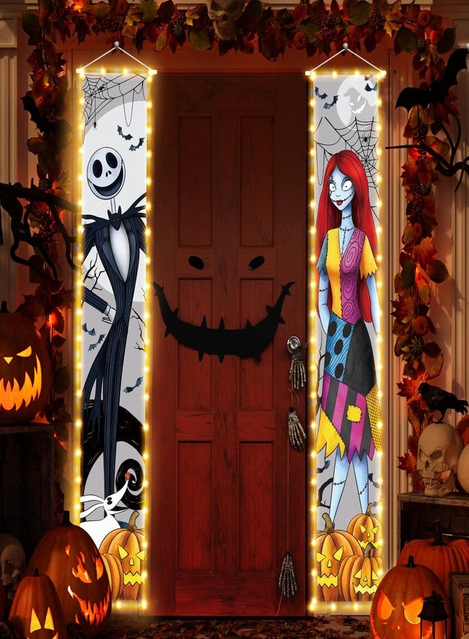 Tivee Jack Sally Lighted Banners Porch Signs Halloween Decor Christmas Nightmare Hanging Banner Halloween Decorations Outdoor Horror Poster for Indoor Before Party Wall Art Wallpaper Lights - Image 1