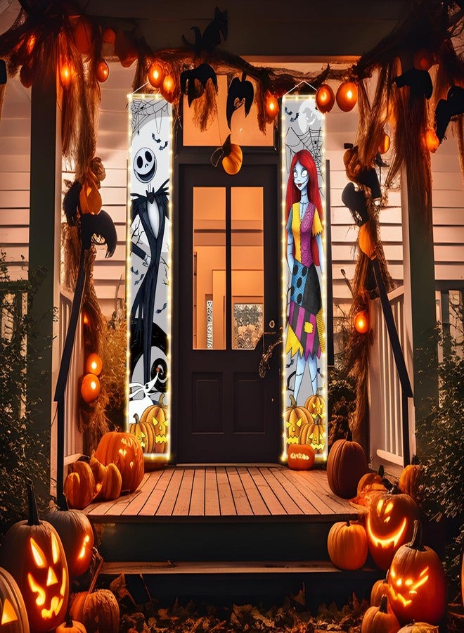 Tivee Jack Sally Lighted Banners Porch Signs Halloween Decor Christmas Nightmare Hanging Banner Halloween Decorations Outdoor Horror Poster for Indoor Before Party Wall Art Wallpaper Lights - Image 2