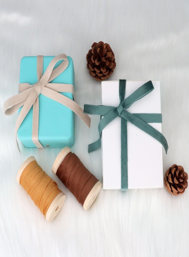 Febwind Velvet Ribbon Set - 3/8" x 20Yd, 4 Rolls Double Faced on Wooden Spool for Gift Wrapping, Christmas Decoration, Wreaths, Bows Making (Dusty Green-Brown-Khaki-Nude) Febwind - Image 5