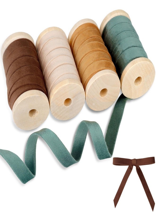 Febwind Velvet Ribbon Set - 3/8" x 20Yd, 4 Rolls Double Faced on Wooden Spool for Gift Wrapping, Christmas Decoration, Wreaths, Bows Making (Dusty Green-Brown-Khaki-Nude) Febwind - Image 1