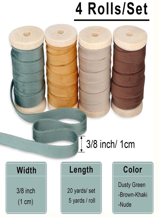 Febwind Velvet Ribbon Set - 3/8" x 20Yd, 4 Rolls Double Faced on Wooden Spool for Gift Wrapping, Christmas Decoration, Wreaths, Bows Making (Dusty Green-Brown-Khaki-Nude) Febwind - Image 3
