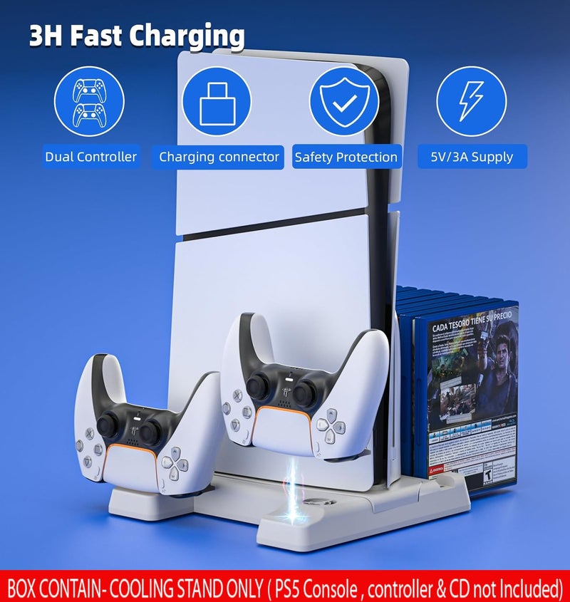 New World Vertical Stand for PS5/ PS5 Slim Digital Edition and Disc Edition Console,Cooling Fan with Controller Charging Station for PS5, Charging Stand, Multifunctional Stand for PS5 Fat PS5 Slim - Image 4