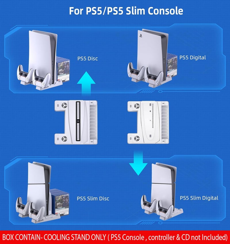 New World Vertical Stand for PS5/ PS5 Slim Digital Edition and Disc Edition Console,Cooling Fan with Controller Charging Station for PS5, Charging Stand, Multifunctional Stand for PS5 Fat PS5 Slim - Image 3