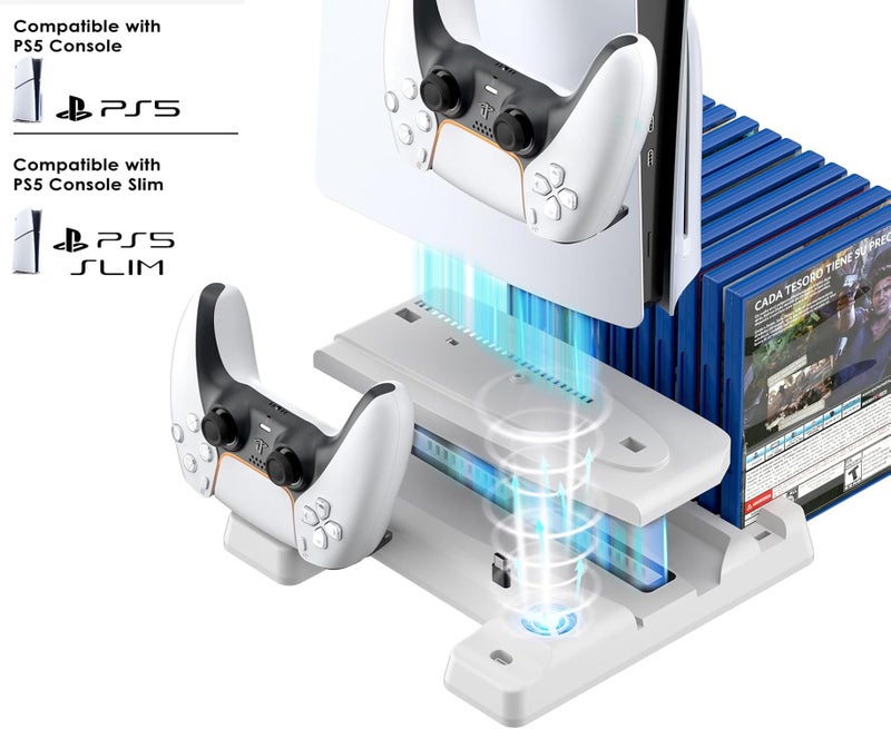 New World Vertical Stand for PS5/ PS5 Slim Digital Edition and Disc Edition Console,Cooling Fan with Controller Charging Station for PS5, Charging Stand, Multifunctional Stand for PS5 Fat PS5 Slim - Image 1