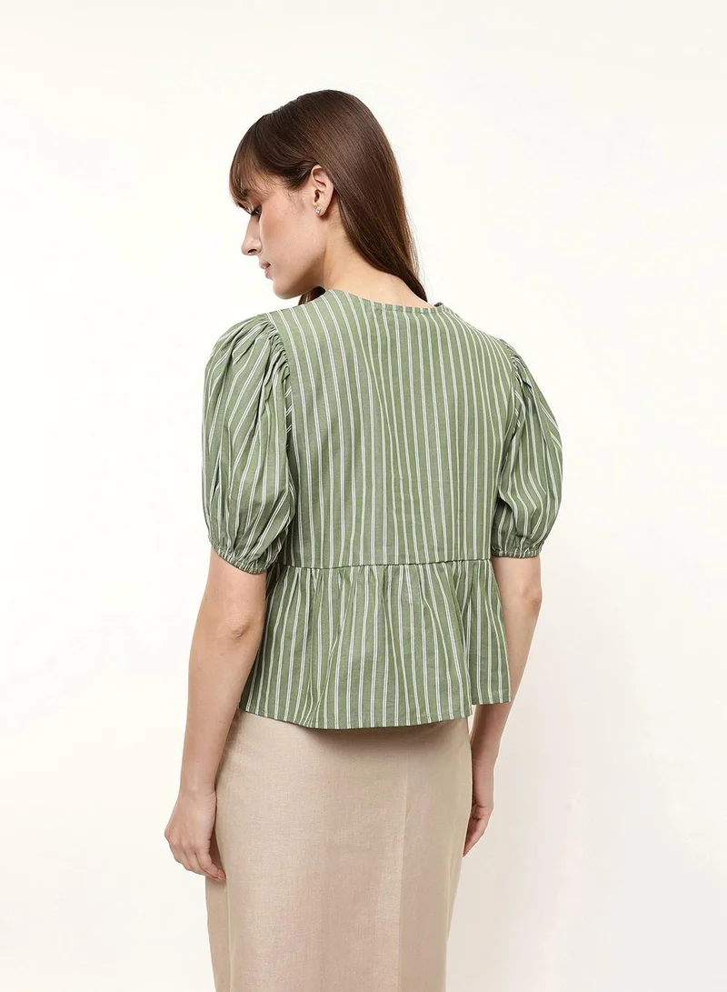 Dennis Lingo  Green 100% Cotton Striped Blouse Boxy Tops For Women for Women | Best Price UAE