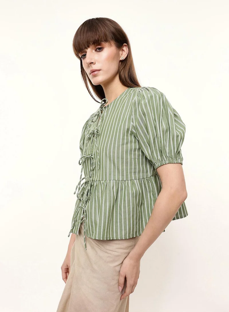 Dennis Lingo  Green 100% Cotton Striped Blouse Boxy Tops For Women for Women | Best Price UAE