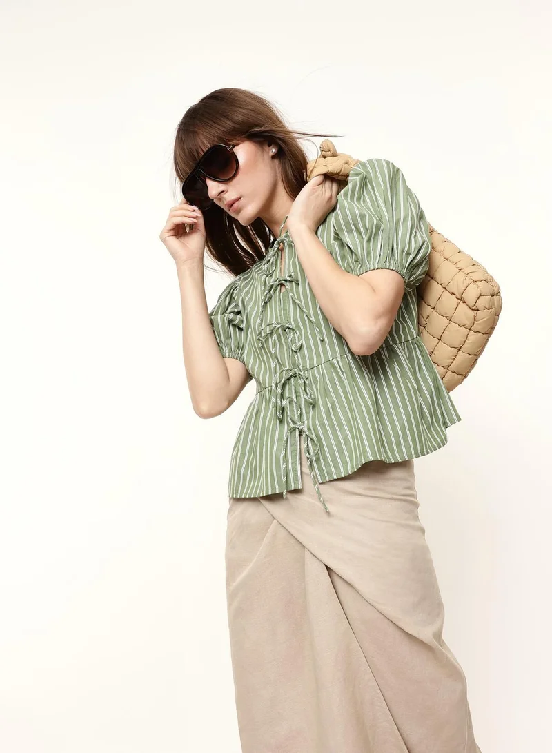 Dennis Lingo  Green 100% Cotton Striped Blouse Boxy Tops For Women for Women | Best Price UAE