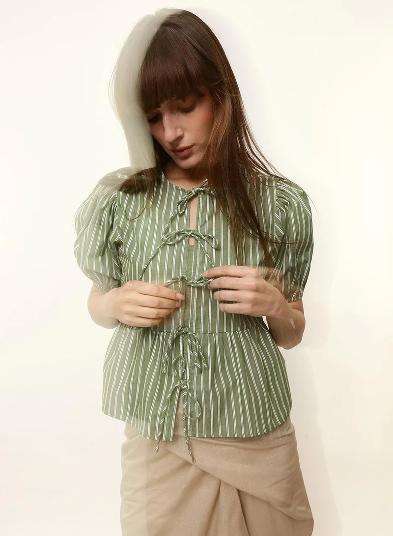 دينيس لينغو Green 100% Cotton Striped Blouse Boxy Tops For Women