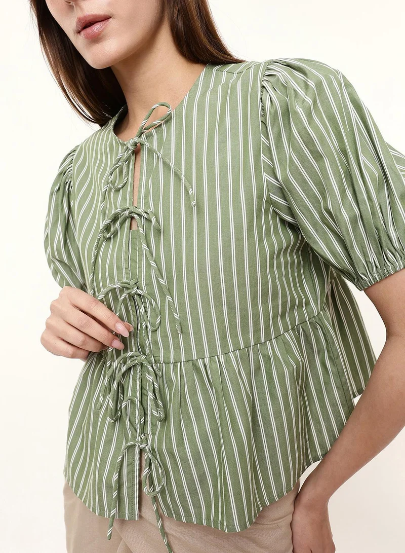 دينيس لينغو Green 100% Cotton Striped Blouse Boxy Tops For Women