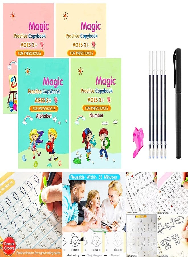بارتيت مجموعة PARTEET Sank Magic Practice Copybook، كتاب تتبع الأرقام للأطفال في مرحلة ما قبل المدرسة مع قلم، مجموعة كتب الخط السحري، أداة كتابة عملية قابلة لإعادة الاستخدام، كتابة يدوية بسيطة (4 كتب + 5 عبوات إعادة تعبئة) - Image 1