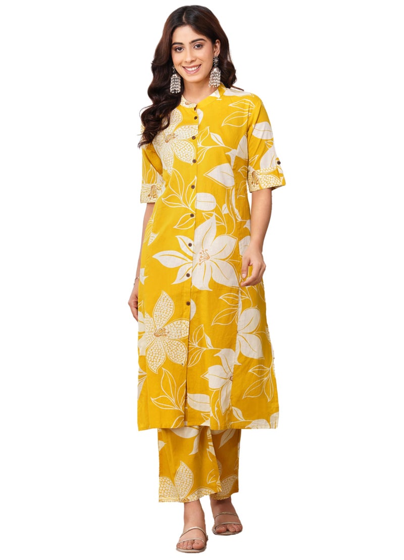 rytras Women's Pure Cotton Printed Ethnic Wear A-Line Kurta Set with Palazzo Pants(RYT648,Yellow,S) - Image 1