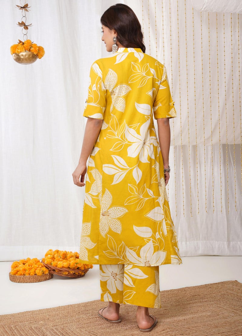 rytras Women's Pure Cotton Printed Ethnic Wear A-Line Kurta Set with Palazzo Pants(RYT648,Yellow,S) - Image 2