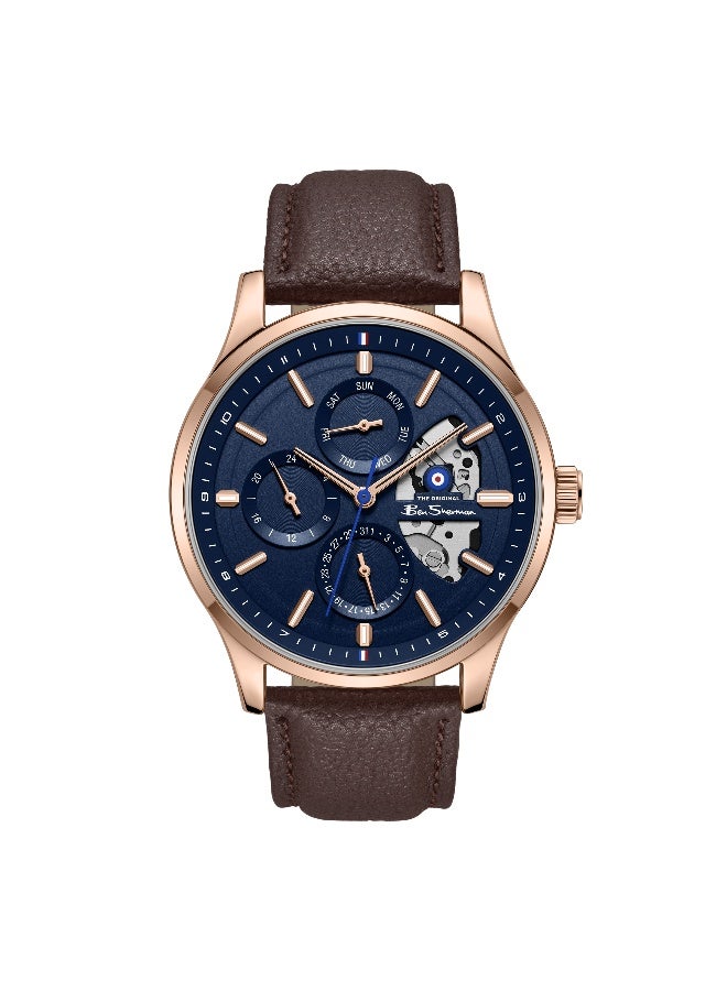 Ben Sherman St Albans Blue Dial Brown Genuine Leather Strap Multifunction Watch for Men, 43.5mm - Image 1