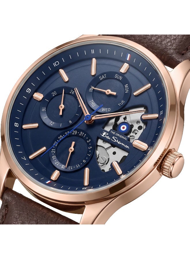 Ben Sherman St Albans Blue Dial Brown Genuine Leather Strap Multifunction Watch for Men, 43.5mm - Image 2