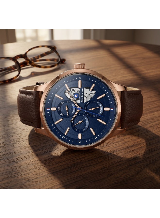 Ben Sherman St Albans Blue Dial Brown Genuine Leather Strap Multifunction Watch for Men, 43.5mm - Image 4