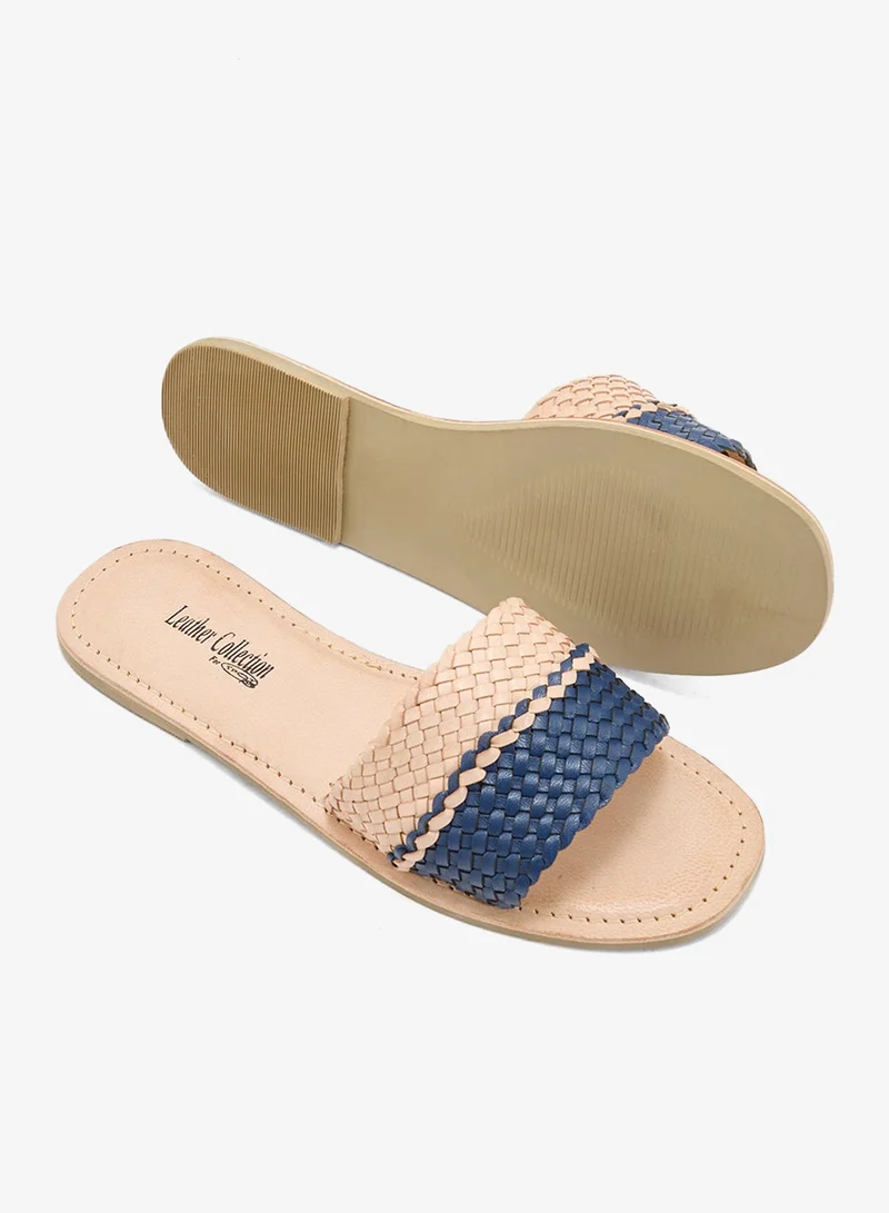 Leather Collection navy Striped Summer Flat Sandal for Women | Best Price UAE