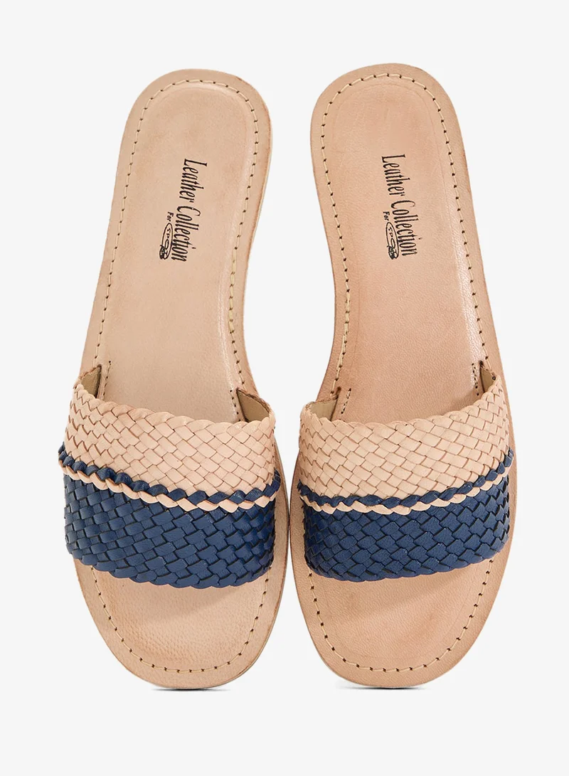 Leather Collection navy Striped Summer Flat Sandal for Women | Best Price UAE