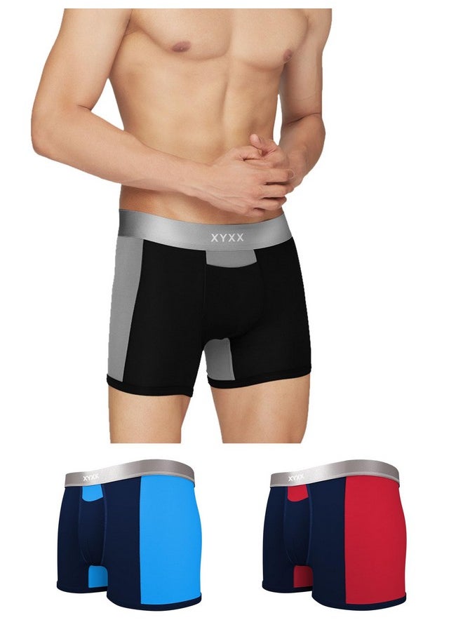 XYXX XYXX Men's Underwear Illuminati IntelliSoft Antimicrobial Micro Modal Trunk Pack of 3 (Black Iris & Tango Red ; Black & Steel Grey ; Black Iris & Brilliant Blue; M)  - Image 1