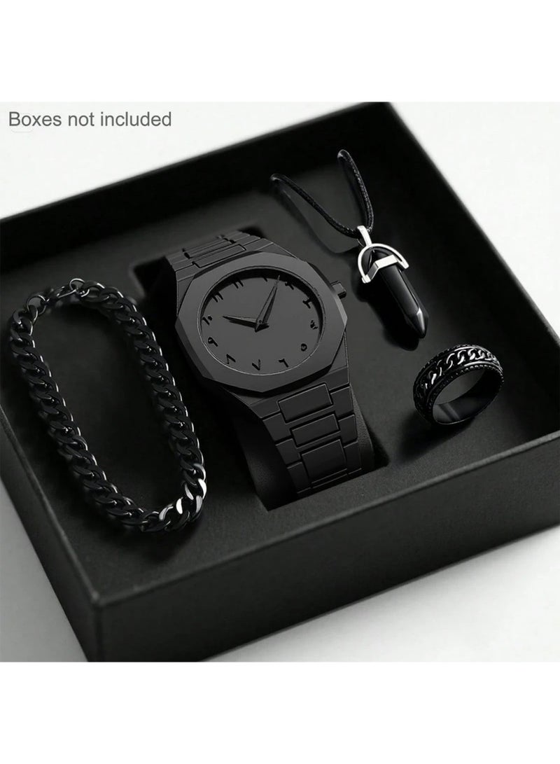 PULUZ Fashion Men's Quartz Watch Set with Ring, Bracelet, Necklace，Middle Eastern Arabic Numeral Dial Design Stylish Stainless Steel Waterproof Business Casual Wristwatch - Image 1