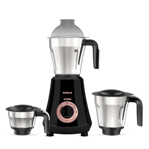 Havells Hydro Plus 1000 Watt Mixer Grinder | 3 Stainless Steel Jars | 22000 RPM Ball Bearing Motor | Hands-Free Operation | SS-304 Blades |Wider Mouth Jars for Easy Use | 2 Year Warranty - Image 1