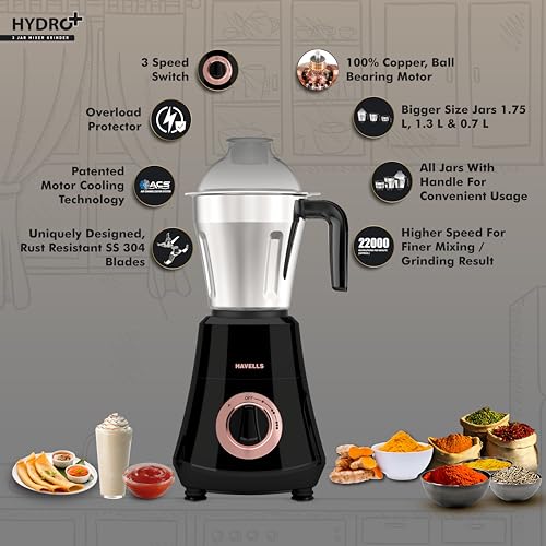 Havells Hydro Plus 1000 Watt Mixer Grinder | 3 Stainless Steel Jars | 22000 RPM Ball Bearing Motor | Hands-Free Operation | SS-304 Blades |Wider Mouth Jars for Easy Use | 2 Year Warranty - Image 2