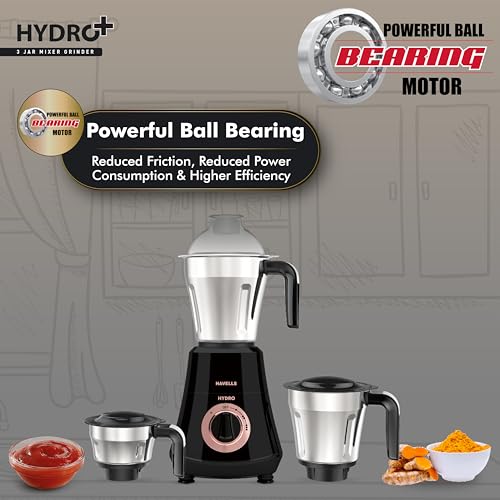Havells Hydro Plus 1000 Watt Mixer Grinder | 3 Stainless Steel Jars | 22000 RPM Ball Bearing Motor | Hands-Free Operation | SS-304 Blades |Wider Mouth Jars for Easy Use | 2 Year Warranty - Image 5