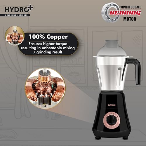 Havells Hydro Plus 1000 Watt Mixer Grinder | 3 Stainless Steel Jars | 22000 RPM Ball Bearing Motor | Hands-Free Operation | SS-304 Blades |Wider Mouth Jars for Easy Use | 2 Year Warranty - Image 4